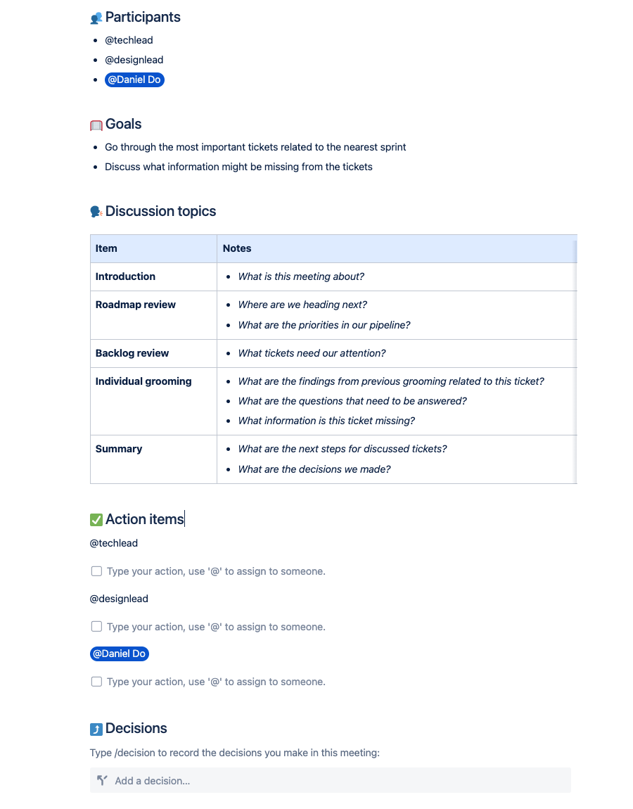 Adjusted Confluence meeting template — backlog grooming