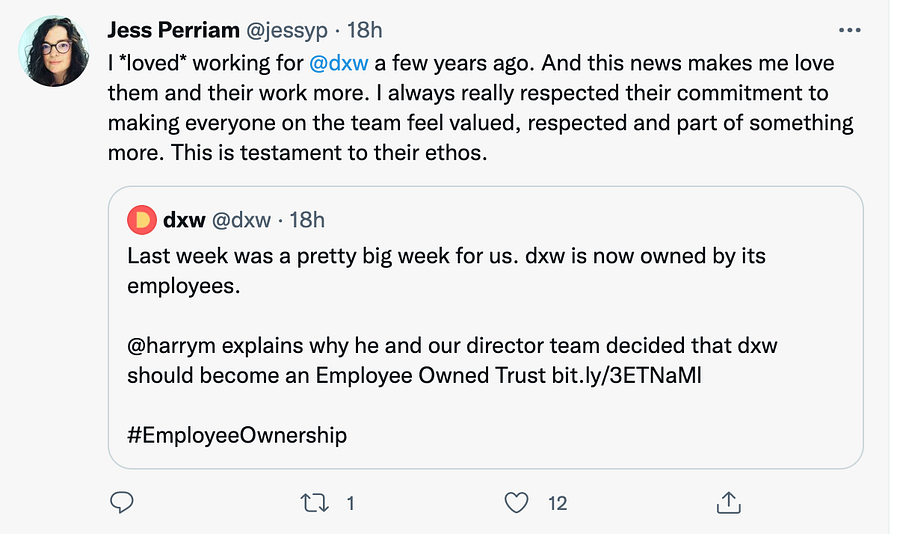 biggest thing to talk about this week has to be the fact that dxw is now owned by us, its employees