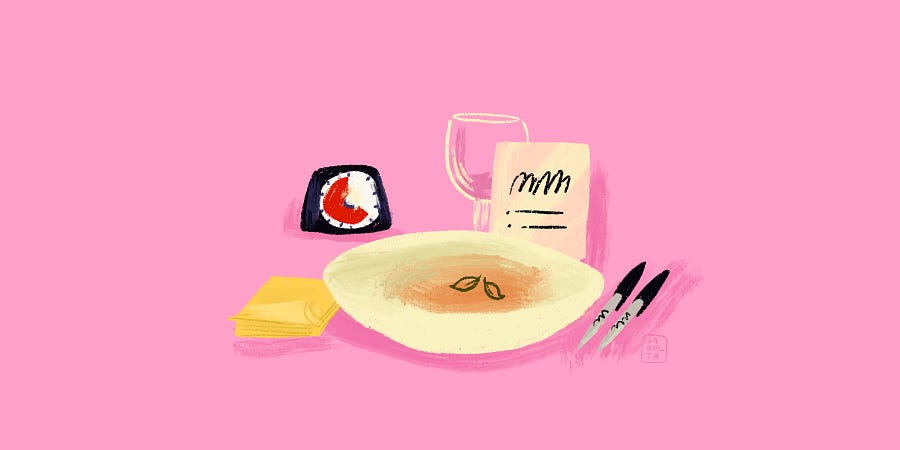 A plateful of soup with sticky notes, marker pens and a time timer in front of bright pink background.