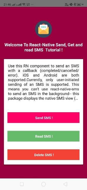 Send, Read and Delete SMS in React Native