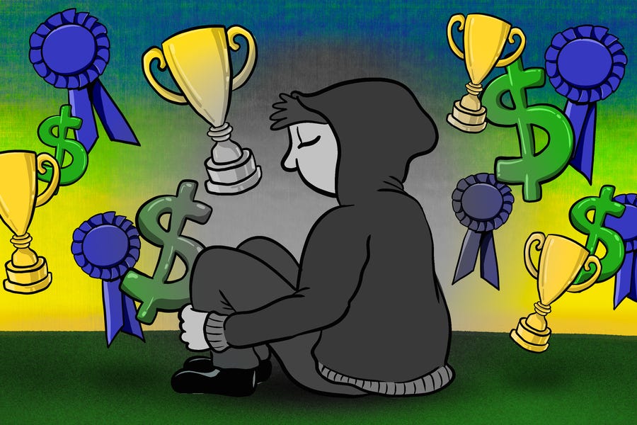 An illustration depicting a person sitting down with trophies, award symbols, and the dollar sign around them.