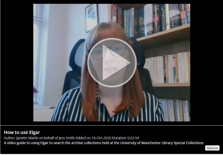 Video guide on ‘How to use Elgar’, featuring a woman with red-hair and glasses with a backdrop of bookcases.