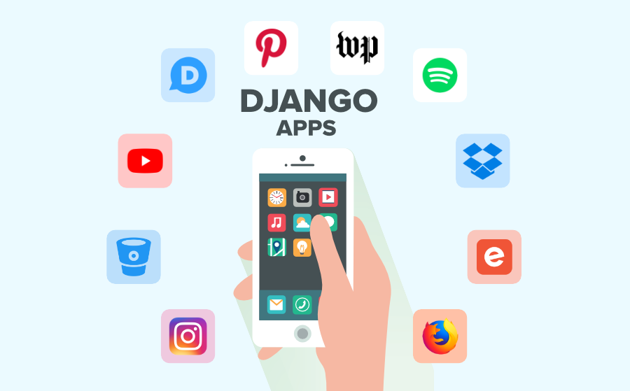 Icons around a mobile showing top 10 apps using Django Framework