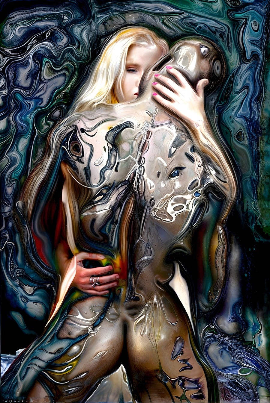 A blonde woman hugging a naked black man — erotic art image for a sex story by Samarel Eros