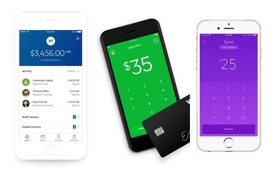 Three mobile phones showing mockups of PayPal, Cash App, and Zelle.