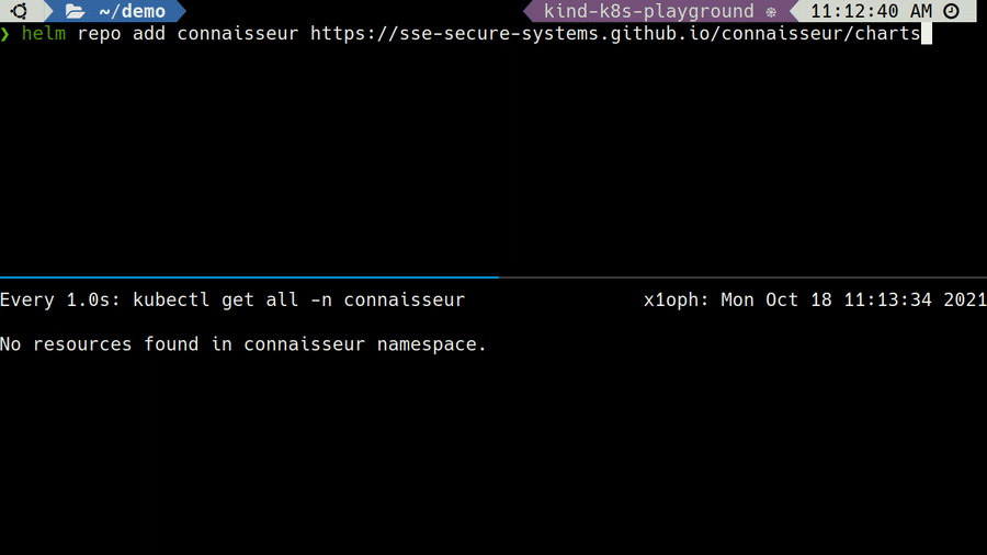 The video shows a screencast of adding Connaisseur’s Helm repository and installing the admission controller in default configuration. Next, the configuration is adjusted to use Kubernetes secret as a KMS for container image signature verification. The configurations are tested by creating pods with signed/unsigned images that are admitted/denied.