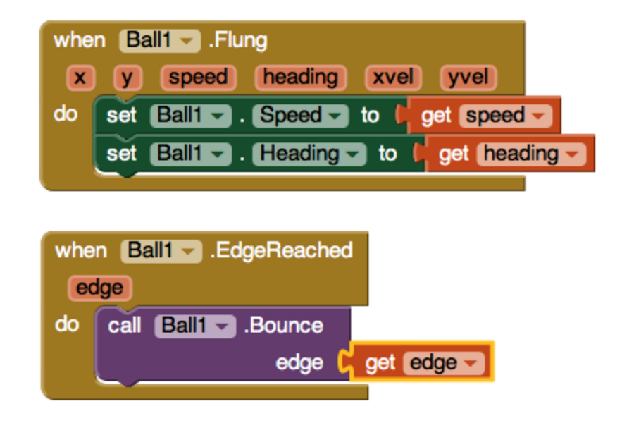 Two examples of programming code represented visually by blocks that fit into each other and sometimes repeat, for example ”When Ball 1 flung, set Ball 1 speed to Get speed“