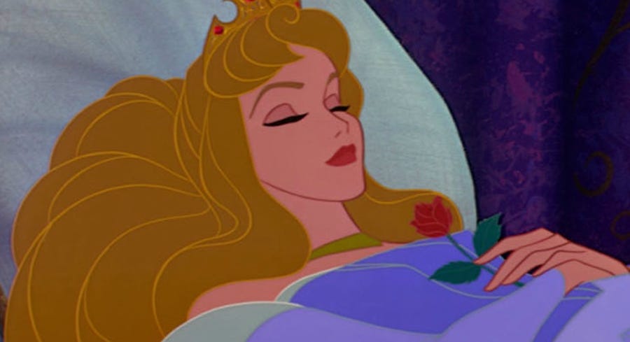Sleeping Beauty, Aurora, sleeping with a rose on her chest.