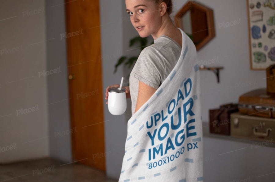 mockup of a woman with a woven blanket on her back