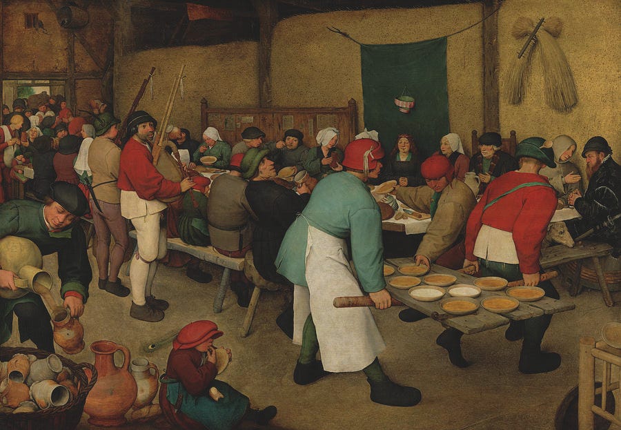 Peasants cheerfully celebrating a newly married couple. They don’t have much: soup, porridge, and bread, but it seems enough to have fun.