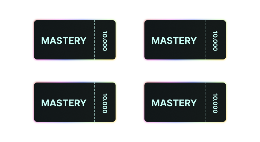 This image features four rectangular tickets arranged in a 2x2 grid. Each ticket is labeled “MASTERY” on the left side and “10,000” on the right side, with a dashed line separating the two sections. The tickets are black with white text, and the edges are subtly highlighted with a gradient of colors. The image visually represents the concept of using 10,000 hours to achieve mastery in a given field.