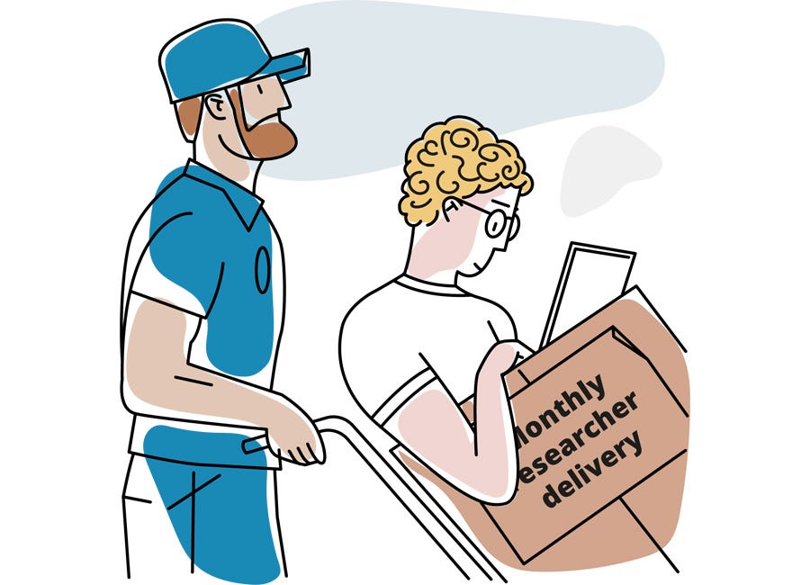 delivery man with a trolly and on it is a box with a person in it and on the box it says “monthly researcher delivery”