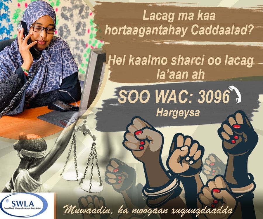 Infographic promoting the Somaliland Women Lawyers Association support line with a woman answering a telephone, an image of lady justice holding scales equally, and raised fists with nail polish.