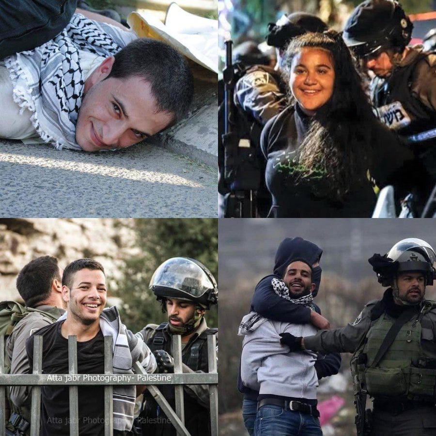 Young Palestinians smile and laugh as the Israeli forces arrest them for no reason.