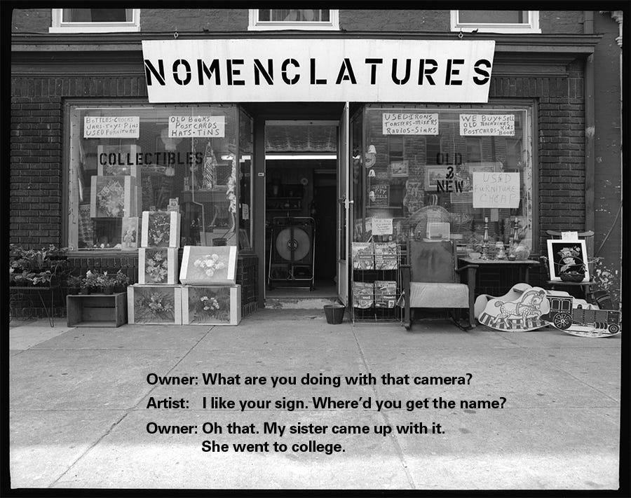 Photo: “Nomenclatures,” With conversation between me and the shop owner printed on the photo.