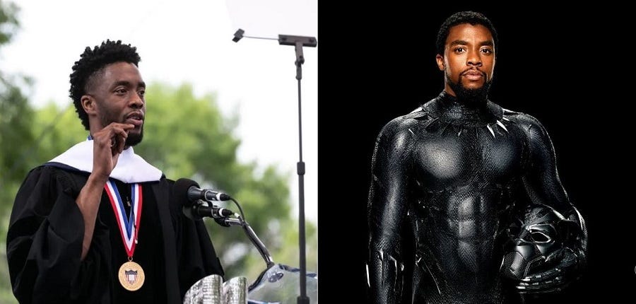 Left pic: Speech of Boseman at Howard University. Right pic: Boseman in Black Panther costume