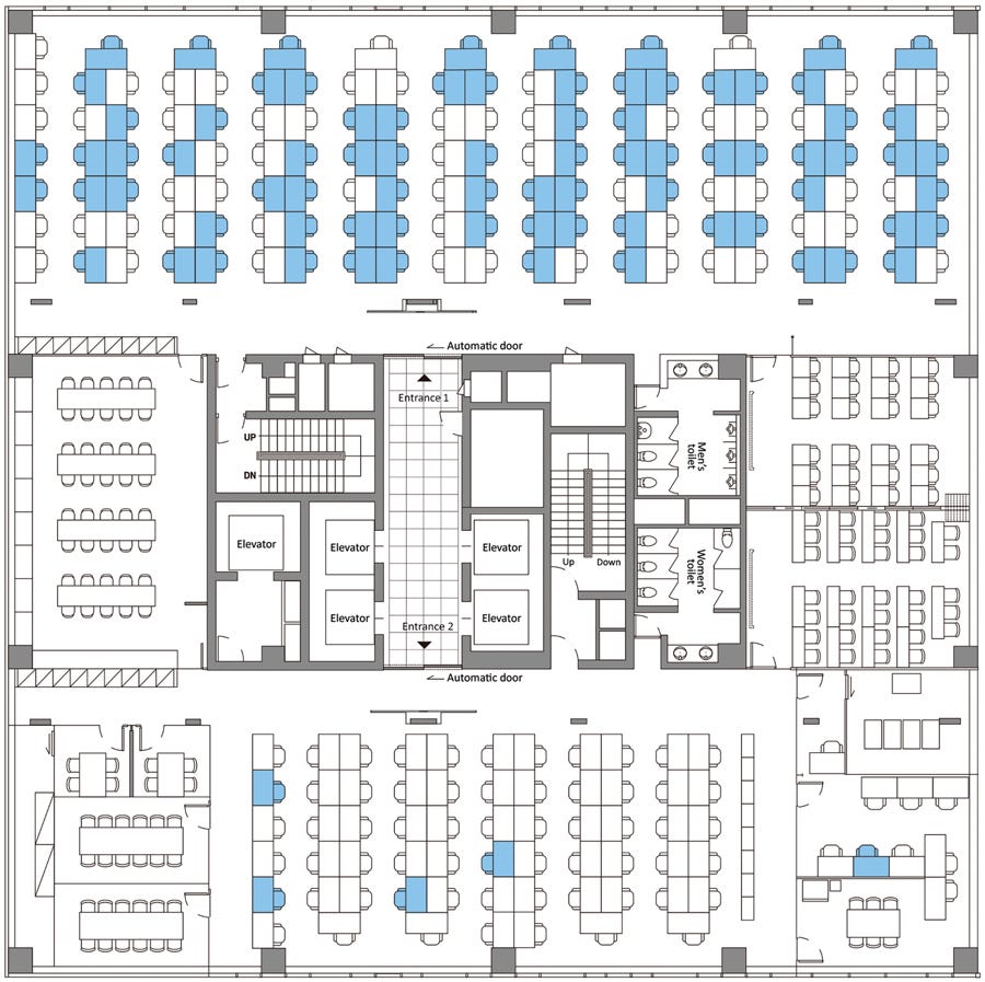 Floor plan of the 11th floor of building X, site of a coronavirus disease outbreak, Seoul, South Korea, 2020.