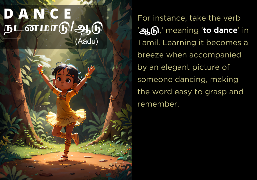 A picture of a Tamil girl dancing, explaining a easy way to learn Tamil verbs with picture books