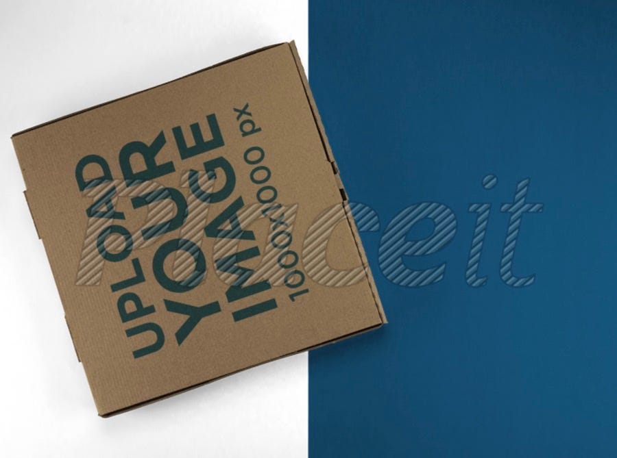 top shot mockup of a pizza box lying on a two colors surface