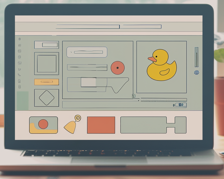 A low fidelity color mockup wireframe of a website with a big yellow rubber duck which is clearly out of place and needs to be removed.