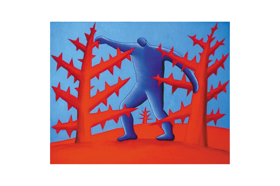 A blue person is trying to walk forward but they are caught in spiky red trees.