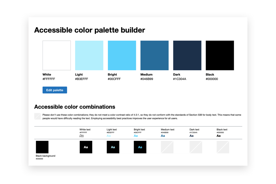 Screenshot of the Accessible Color Matrix web page