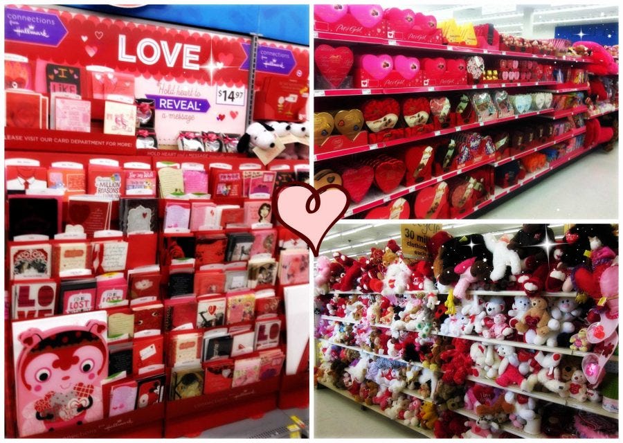 A collection of Valentine’s Day aisles in different shops showcasing cards, teddy bears, and chocolate.