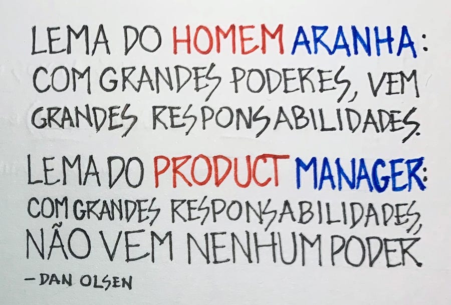 Lema do Homem Aranha: Com grandes poderes vêm grandes responsabilidades. Lema do Product Manager: Com grandes responsabilidade, não vem poder nenhum. Dan Olsen