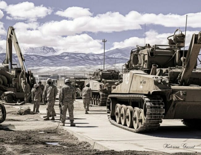 This is an AI image showing military weapons, vehicles and facilities at the Tooele Army Depot (TEAD) United States Army in Tooele County Utah. Image by Katerina Gasset and Tristan Gasset of the Gasset Group Real Estate Team brokered by eXp Realty in Utah…