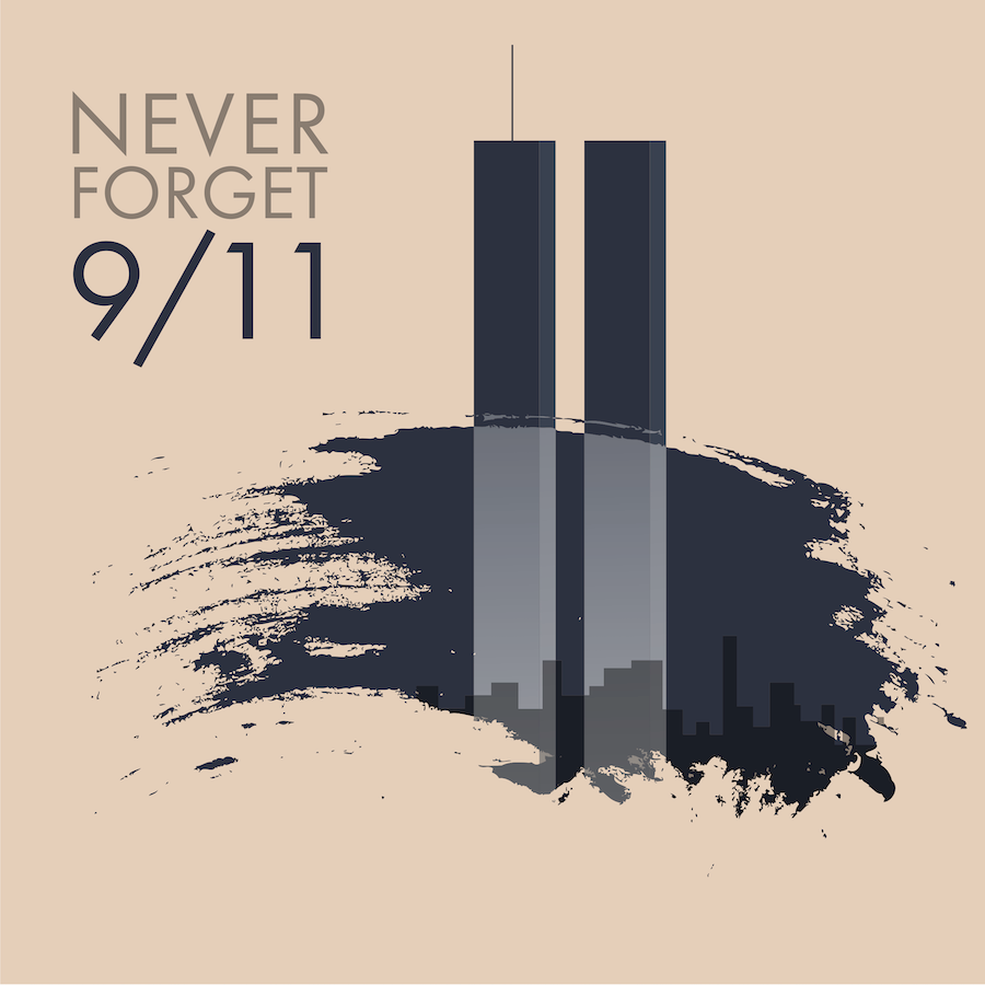 9/11 Never Forget with image of World Trade Center Towers