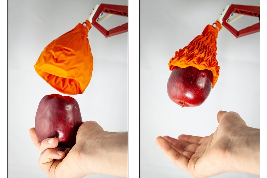 A dual photo of a robot vacuum gripper picking up an apple.
