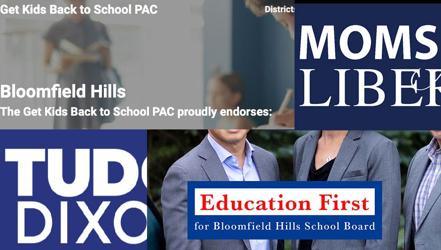 Collage of logos for BHS “slate” candidates, “Moms for Liberty,” “Get Kids Back to School PAC” and Tudor Dixon
