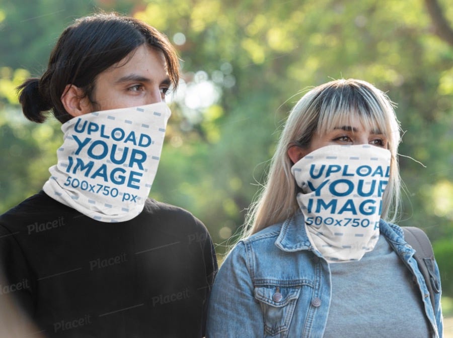 neck gaiter mockup featuring a man and a woman