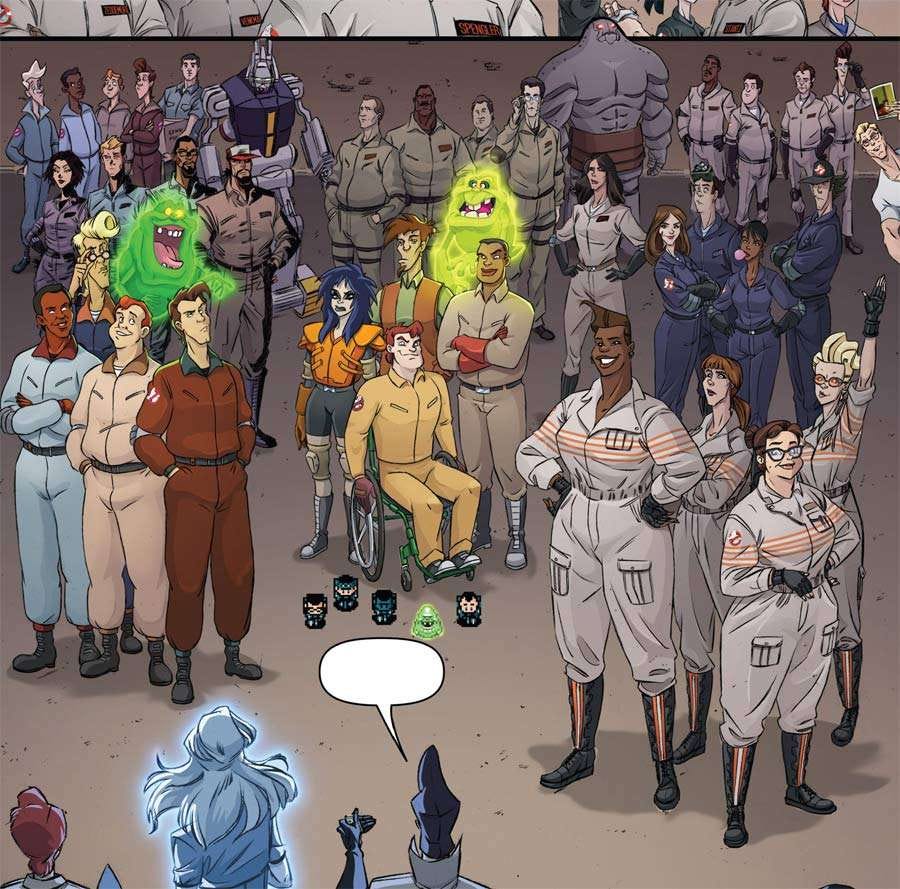A scan from one of IDW comics Ghostbusters crossover stories — a large crowd of different versions of the Ghostbusters, assembled together.