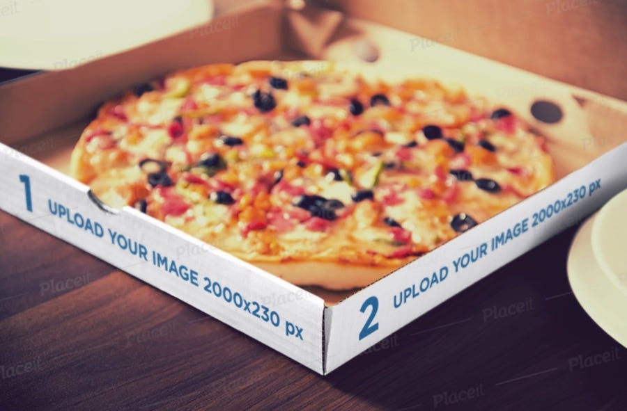 mockup of a pizza box including a delicious looking pizza