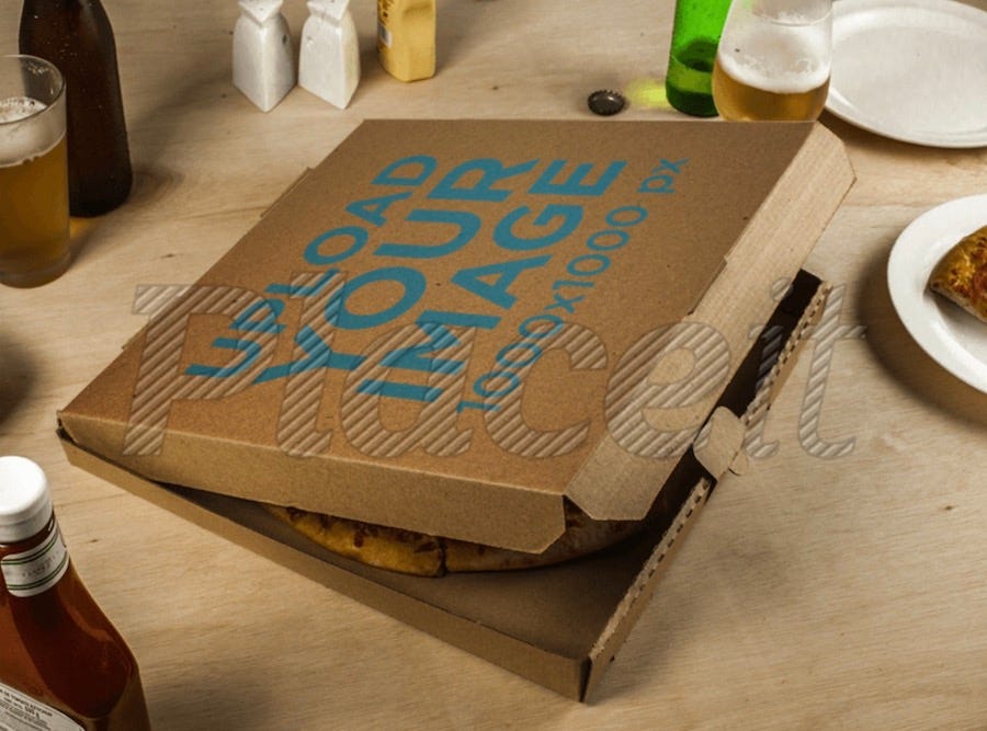 pizza box mockup lying on a table