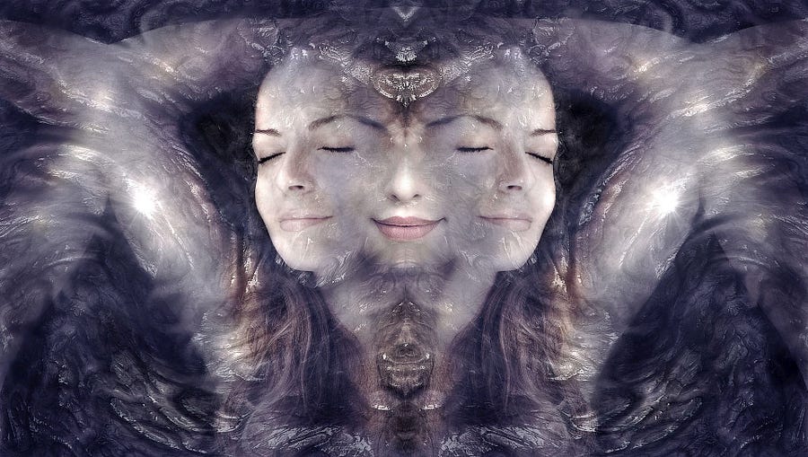 An altered photo of a woman’s face transforming into three different phases of consciousness.