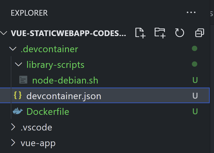 Screenshot of Folder structure of .devcontainer folder in Github Codespaces. Displays the .devcontainer folder with 2 files (devcontainer.json and Dockerfile), and the library-scripts folder with 1 file (node-debian.sh)