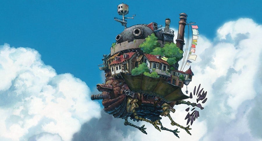 Flying mechanical house with legs and chimneys