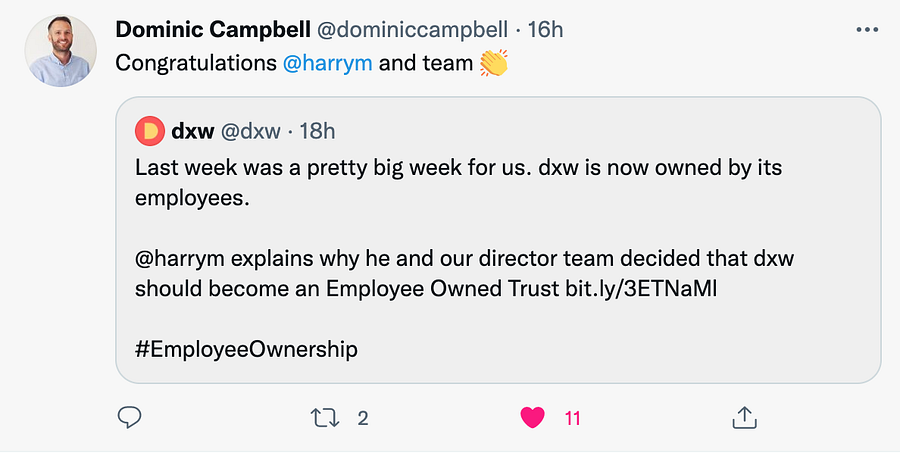 biggest thing to talk about this week has to be the fact that dxw is now owned by us, its employees