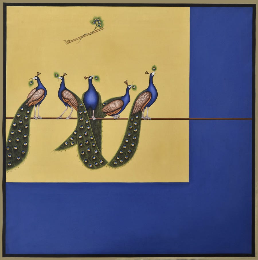 Traditional Peacock Pichwai depicts divine scenes with peacocks, capturing the spiritual essence and cultural richness of Peacock Pichwai art in Indian heritage.