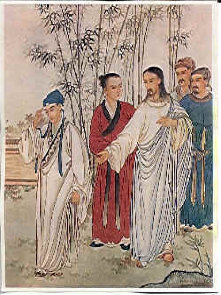 A Chinese depiction of the interaction between Jesus and the rich young ruler as recorded in the Gospel of Luke. Jesus is speaking and reaching his arm towards the ruler. Jesus is wearing a white robe, surrounded by his disciples in colorful robes. Meanwhile, the rule is in a blue hat and white robe, facing away from Jesus. The interaction is depicted to be in a field with bamboo shoots in the background.