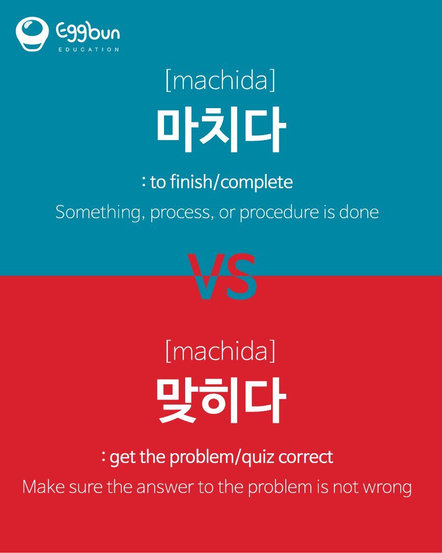 마치다(to finish/complete) vs 맞히다(to get the problem/quiz correct)