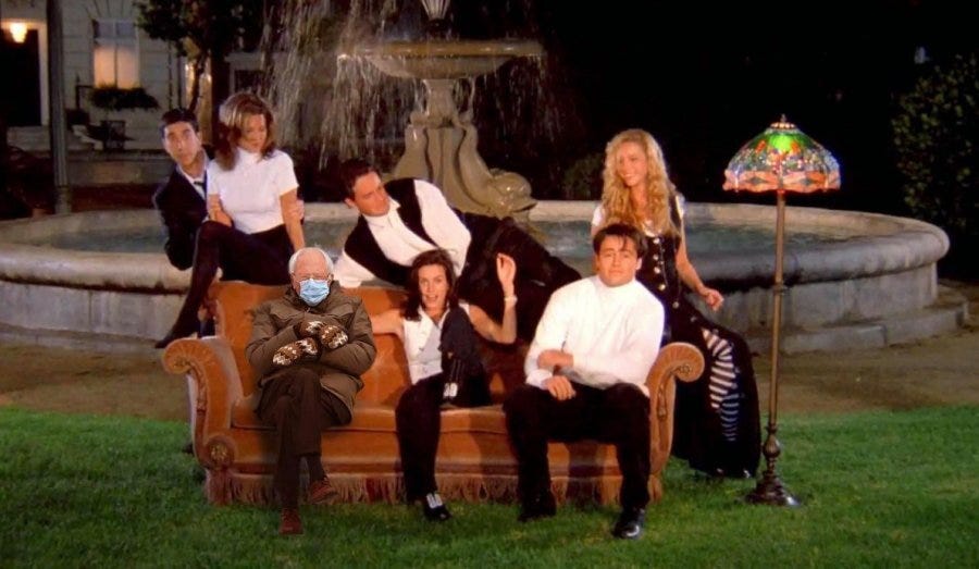 Bernie Sanders in mittens superimposed on opening shot from the TV program Friends in which cast sits outdoors on a couch