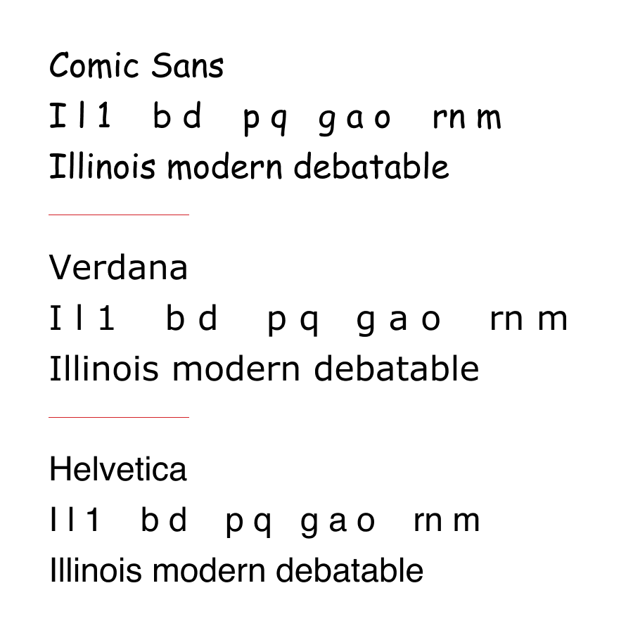 Graphic image comparing Comic Sans, Verdana, and Helvetica.