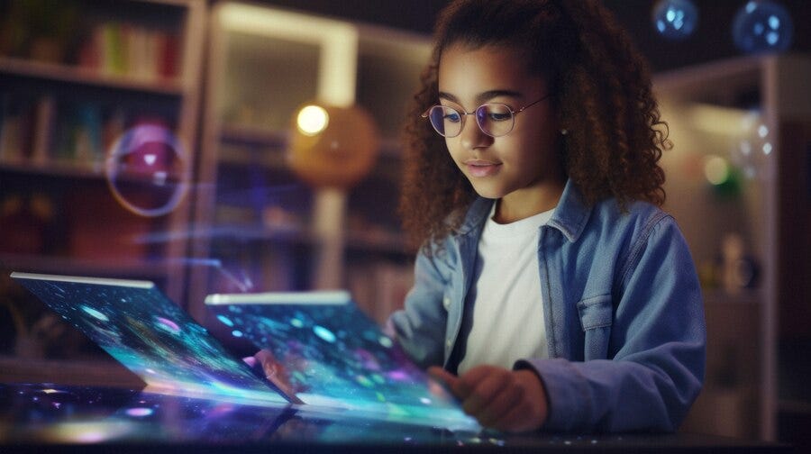 A student with glasses engaged in virtual learning, using a tablet computer for educational purposes.