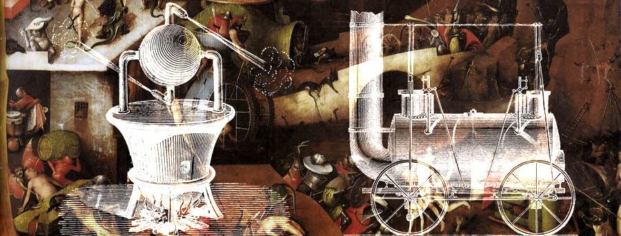 The Aeolipile (left) and the Steam engine (right) on a section of Bosch’s masterpiece The Last Judgment (Wikimedia)