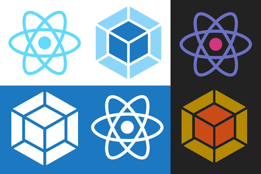 Multiple React and Webpack logos in varying colors on various unifor backgrounds