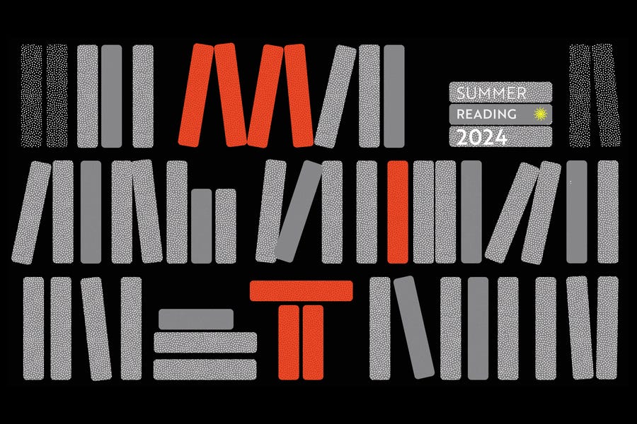 Illustration of a bookshelf with mostly gray book spines against a black background. In the middle, eight red book spines are stacked to look like they spell “MIT.” Three other books say “Summer reading 2024.”