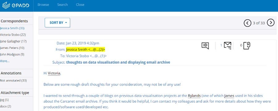 image shows the text and metadata of an email with subject header, date and sender and recipient information